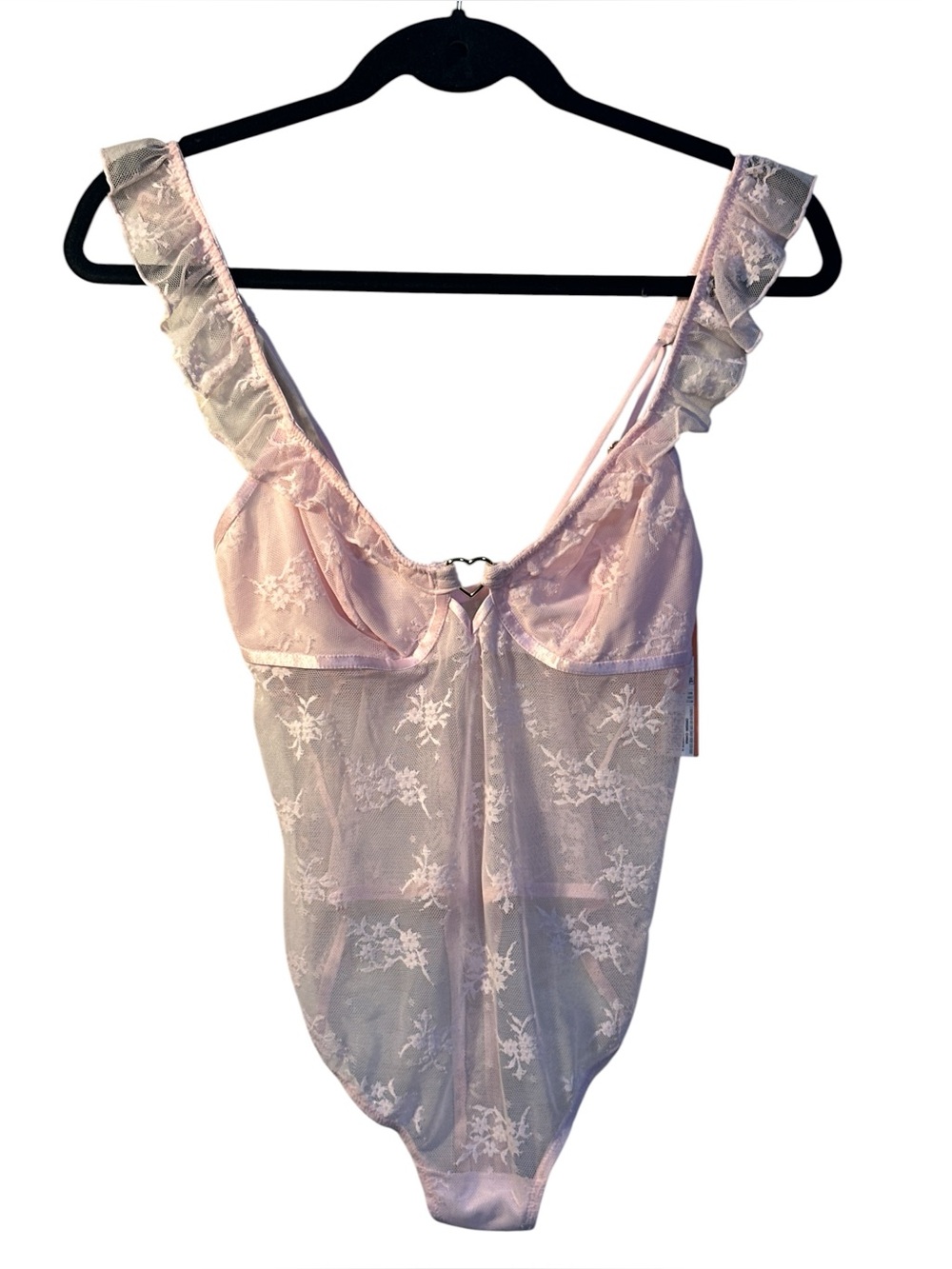 Sweet Pink Sheer Lace Ruffle Strap Bodysuit